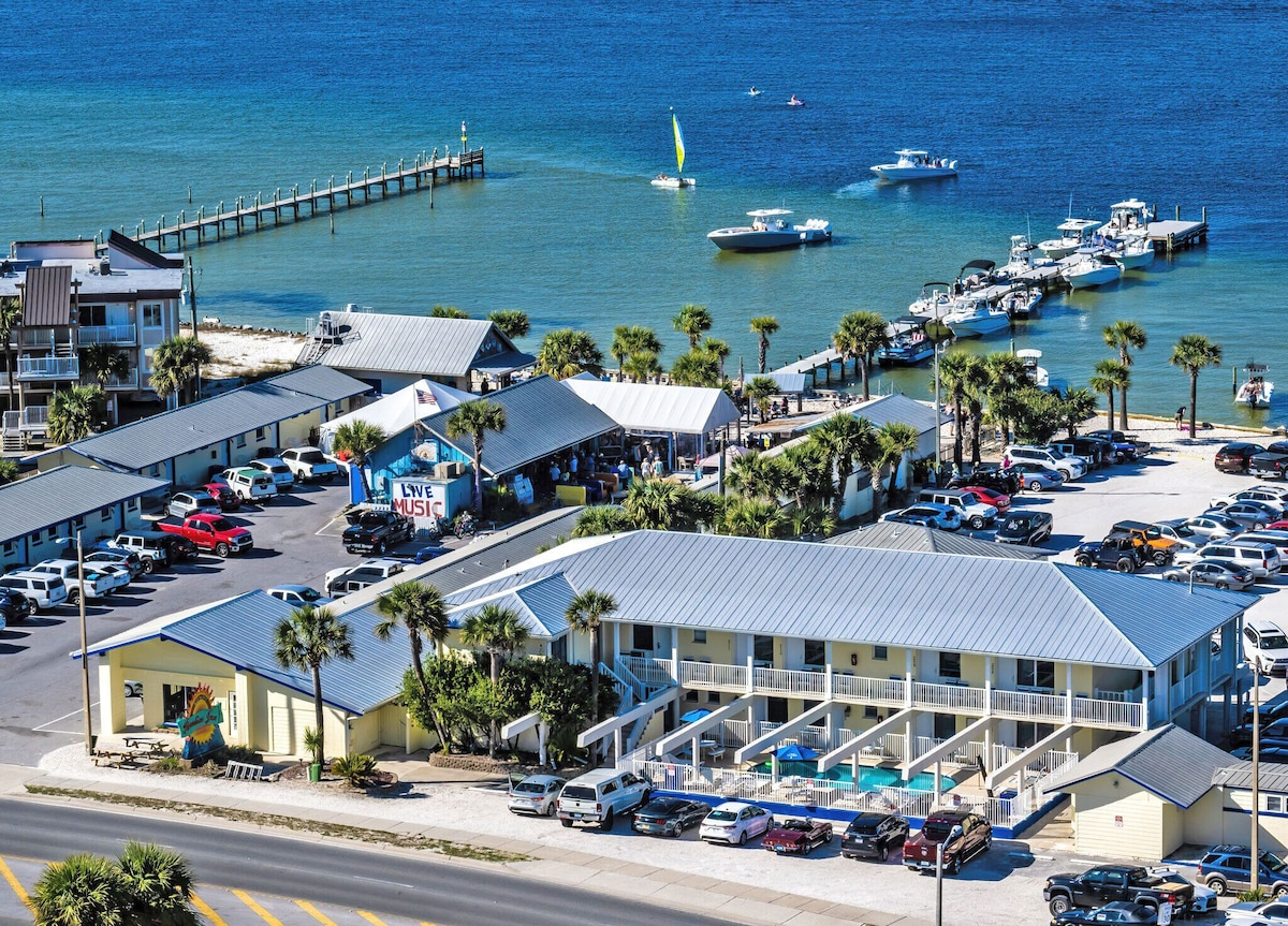 Aerial view of Paradise Inn on Pensacola Beach.