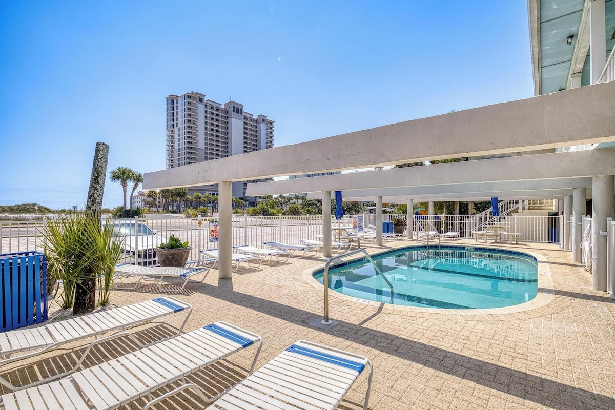 Pool deck at Paradise Inn near the beach.